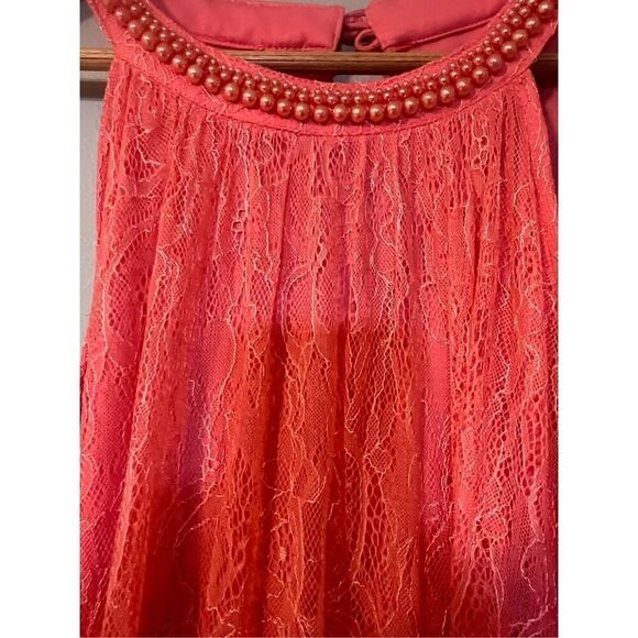 Adrianna Papell 10 High Neck Sleeveless Cocktail Dress Coral Pink Lace Overlay - Picture 10 of 14